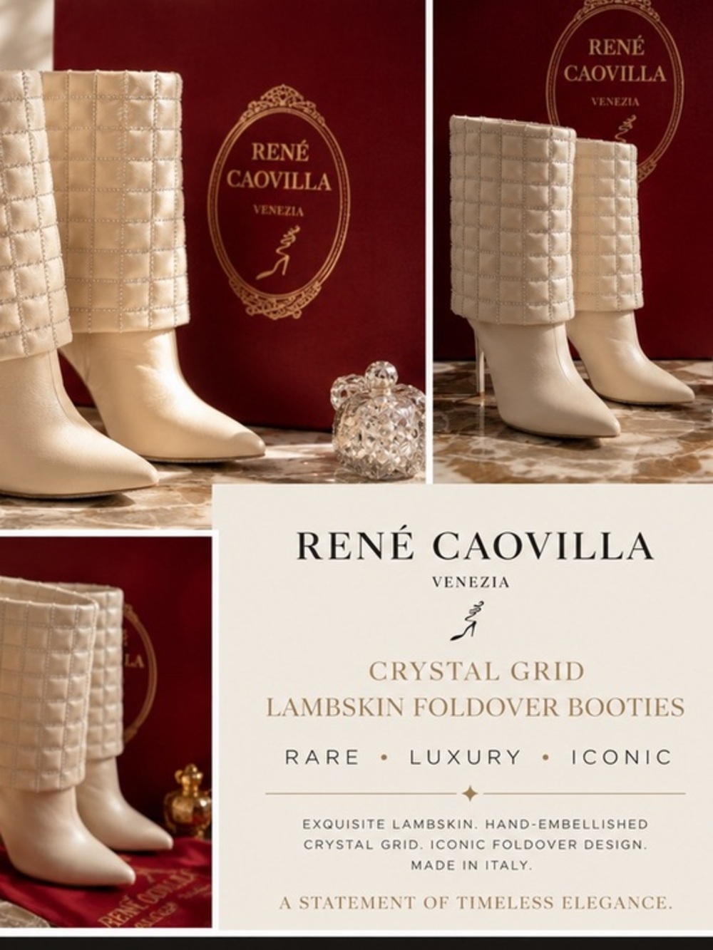 René Caovilla Crystal Grid Foldover Booties Ivory Lambskin Rare Swarovski heel